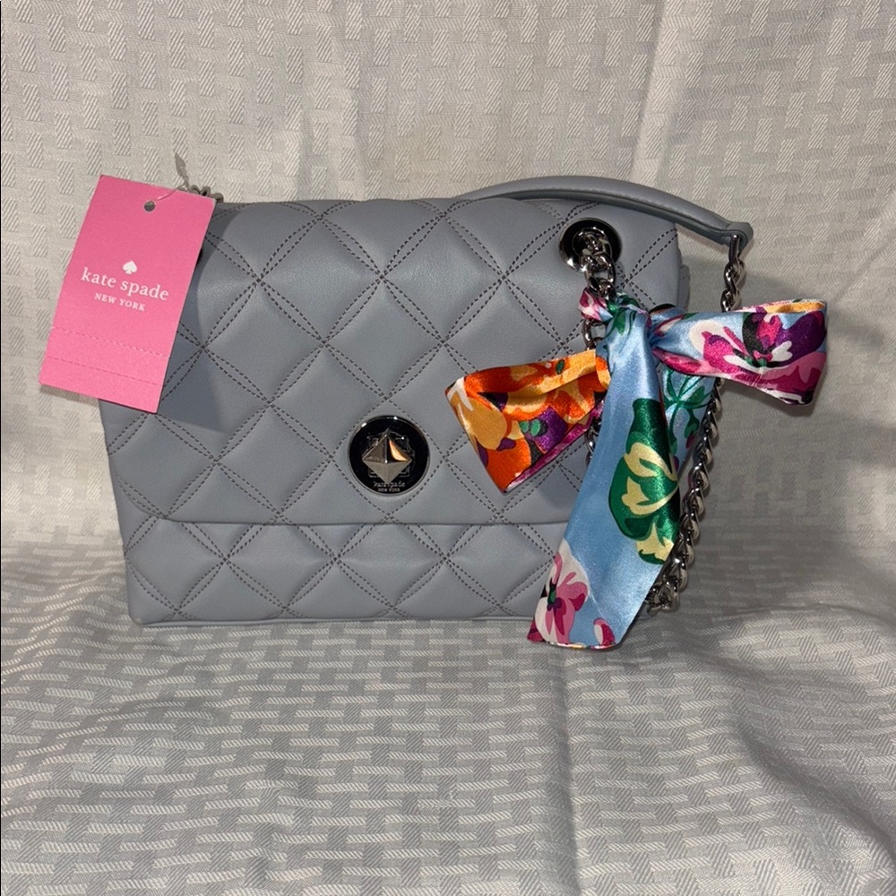 Kate Spade Gray Quilted Shoulder Bag with Metal Emblem